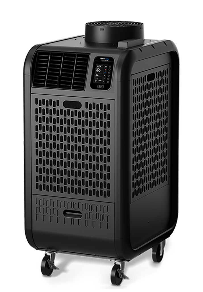 A black MovinCool Climate Pro K18 portable air conditioner featuring a front louvered cooling vent and a digital control panel.